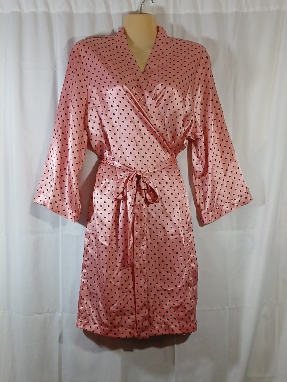 Ambrielle Womens Large Satin Robe Pink Black Polka Dot Sleep Lounge Feminine